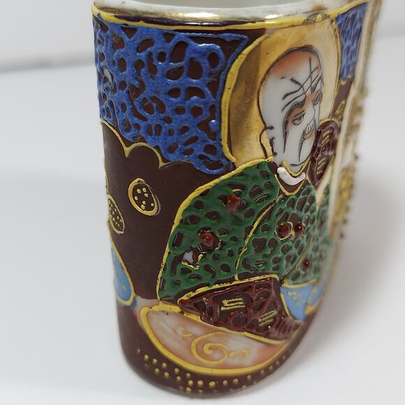 Vintage Satsuma Moriage Small Trinket Dish Oval Cup Gilded Raised Enamel Signed - Picture 4 of 8